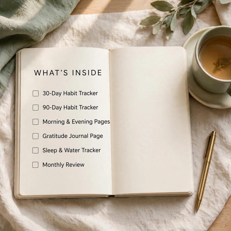Pu&ograve; includere: Un taccuino aperto con pagine color crema che presenta il testo WHAT'S INSIDE seguito da una lista di controllo che include 30-Day Habit Tracker, 90-Day Habit Tracker, Morning & Evening Pages, Gratitude Journal Page, Sleep & Water Tracker e Monthly Review.