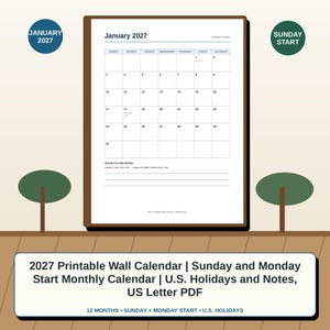 May include: A printable wall calendar for January 2027 with a Sunday start. The page features a grid layout for dates, a section for holidays and notes, and the text 2027 Printable Wall Calendar | Sunday and Monday Start Monthly Calendar.