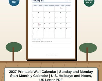 Druckbarer Wandkalender 2027 | Monatskalender mit Sonntag- und Montagsbeginn | US-Feiertage und wichtige Hinweise, US-Letter-Format (PDF)