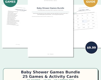 Spielepaket für die Babyparty | 25 Spiele und Karten zum Ausdrucken | Tipps und Vorhersagen für Baby-Bingo (PDF)