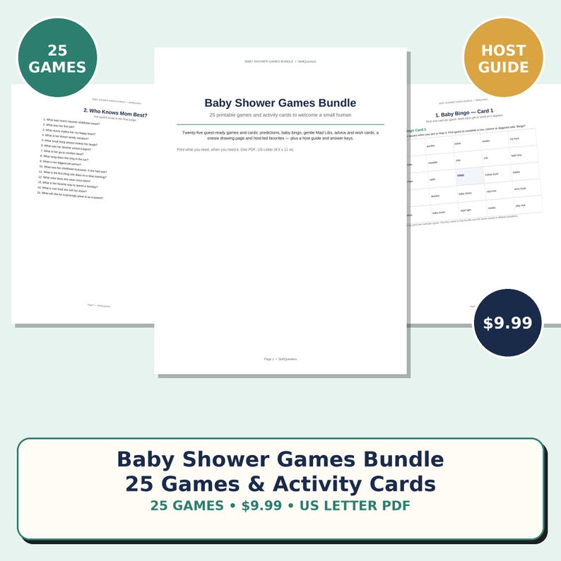 May include: A printable baby shower games bundle featuring twenty-five activity cards, including a host guide and answer keys. The documents are formatted for US Letter size and include titles such as Baby Shower Games Bundle and Who Knows Mom Best.