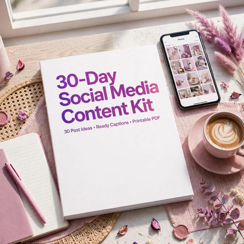 Może przedstawiać: Biała broszura z tytułem 30-Day Social Media Content Kit zapisanym fioletowym tekstem, zawierająca podtytuł 30 Post Ideas &bull; Ready Captions &bull; Printable PDF. Smartfon wyświetla siatkę zdjęć, r&oacute;żowy długopis, notatnik oraz filiżankę kawy.