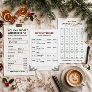 May include: A Holiday Budget Worksheet, Expense Tracker, and Holiday Savings Challenge printed on white paper. The documents feature black text, tables, and checkboxes for tracking December 2024 holiday spending, income, and savings goals of $500.