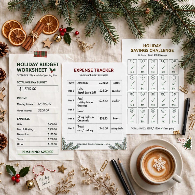 May include: A Holiday Budget Worksheet, Expense Tracker, and Holiday Savings Challenge printed on white paper. The documents feature black text, tables, and checkboxes for tracking December 2024 holiday spending, income, and savings goals of $500.