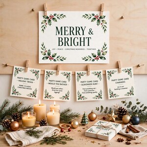 May include: A set of Christmas party game cards featuring holly leaf and berry illustrations. The large sign reads MERRY & BRIGHT, while smaller cards include Holiday Trivia, Would You Rather, Scavenger Hunt, and Charades with game instructions.
