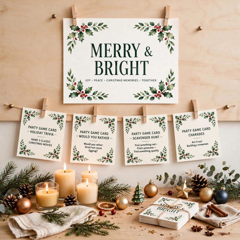May include: A set of Christmas party game cards featuring holly leaf and berry illustrations. The large sign reads MERRY & BRIGHT, while smaller cards include Holiday Trivia, Would You Rather, Scavenger Hunt, and Charades with game instructions.