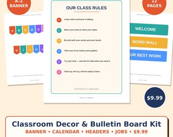 Klassenzimmer-Deko- und Pinnwand-Set | Alphabet-Banner, Kalender, Überschriften, Regeln, Poster (Lehrer-PDF)