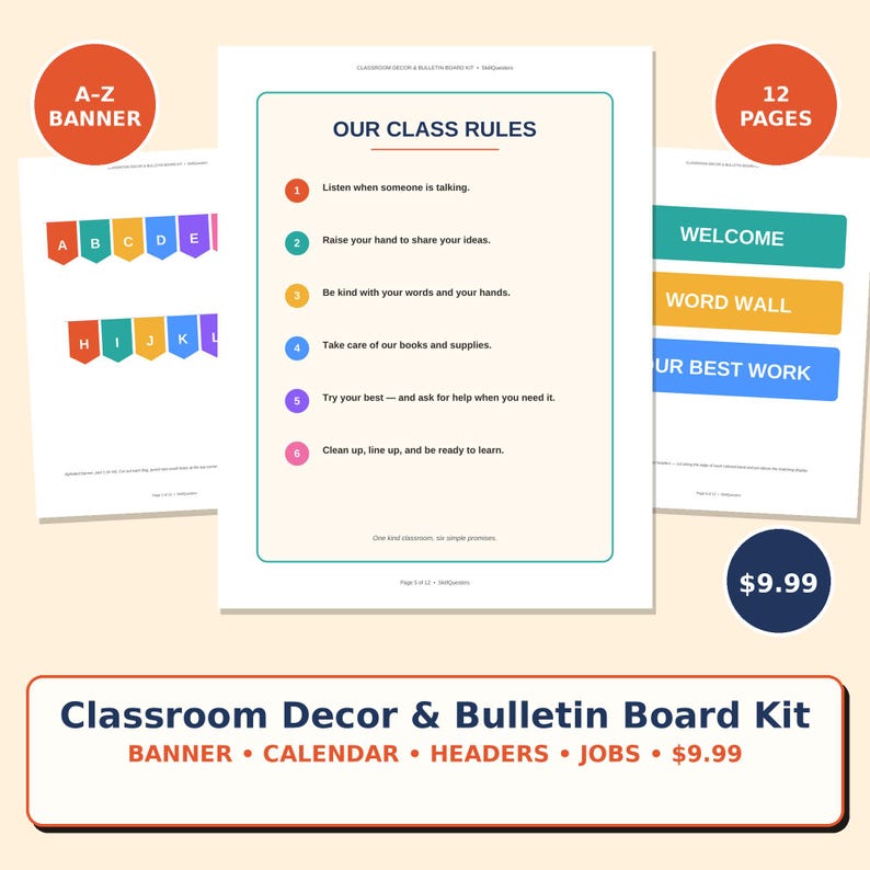 May include: A classroom decor and bulletin board kit featuring a central page titled Our Class Rules with six numbered points, flanked by pages showing an A-Z alphabet banner and colourful headers including Welcome, Word Wall, and Your Best Work.