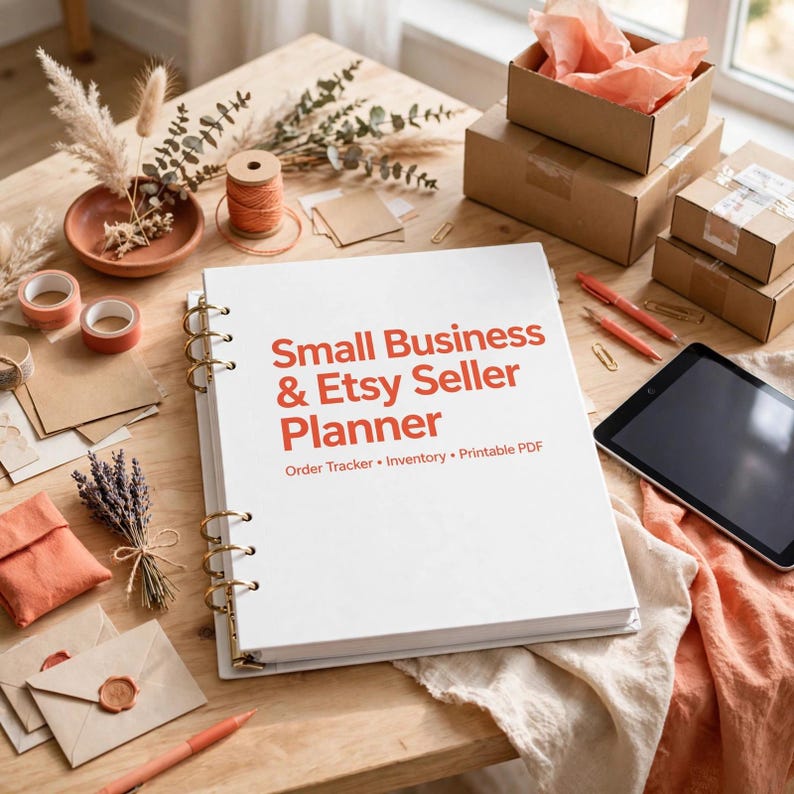 May include: A white ring-bound planner with the text "Small Business & Etsy Seller Planner" and "Order Tracker &bull; Inventory &bull; Printable PDF" in orange. The planner is surrounded by craft supplies, including cardboard boxes, envelopes, and dried flowers.