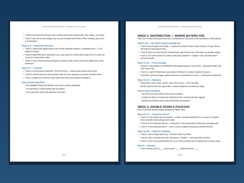 Handlingsplan för AI Side Hustle, 30-dagars AI-affärsplanerare i PDF-format, guide för tjäna pengar med AI-agenter, checklista för Side Hustle som kan skrivas ut bild 2