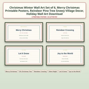 Puede incluir: Un conjunto de seis p&oacute;steres navide&ntilde;os imprimibles para pared con temas festivos. Los p&oacute;steres muestran textos como Merry Christmas, Reindeer Crossing, Let It Snow y Joy to the World, junto con frases adicionales como pine, snow y warm lights.