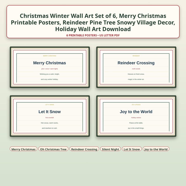 Puede incluir: Un conjunto de seis p&oacute;steres navide&ntilde;os imprimibles para pared con temas festivos. Los p&oacute;steres muestran textos como Merry Christmas, Reindeer Crossing, Let It Snow y Joy to the World, junto con frases adicionales como pine, snow y warm lights.