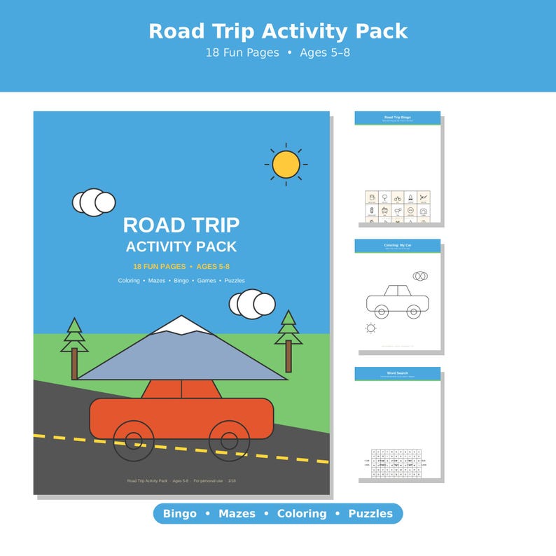 May include: A Road Trip Activity Pack with 18 fun pages for ages 5-8. The cover features a blue sky, yellow sun, white clouds, green landscape, and a red car with a mountain on top. Includes coloring, mazes, bingo, games, and puzzles pages.