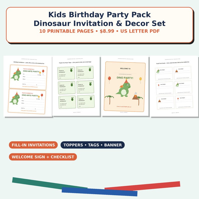 May include: A digital kids birthday party pack featuring dinosaur-themed printable pages. The set includes fill-in invitations, thank you tags, a welcome sign, and food tent cards, all decorated with green dinosaur illustrations and balloons.