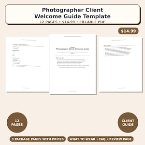 Op de afbeelding: Een 12-pagina tellende sjabloon voor een welkomstgids voor fotografenklanten in een invulbaar PDF-formaat. Het document bevat pakketpagina's met prijzen, een kledinggids, een FAQ-pagina en een beoordelingspagina. Zwarte tekst op wit papier.