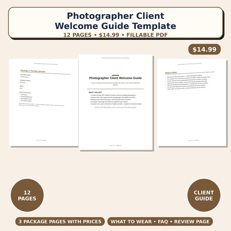 Op de afbeelding: Een 12-pagina tellende sjabloon voor een welkomstgids voor fotografenklanten in een invulbaar PDF-formaat. Het document bevat pakketpagina's met prijzen, een kledinggids, een FAQ-pagina en een beoordelingspagina. Zwarte tekst op wit papier.