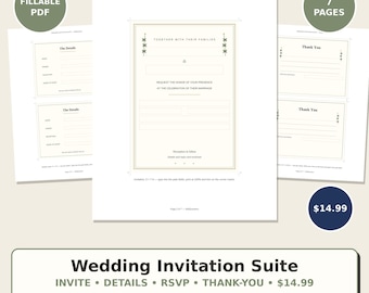Hochzeitseinladungen zum Ausdrucken | Einladungsdetails, Antwortkarten und Dankeskarten | Ausfüllbares PDF-Set