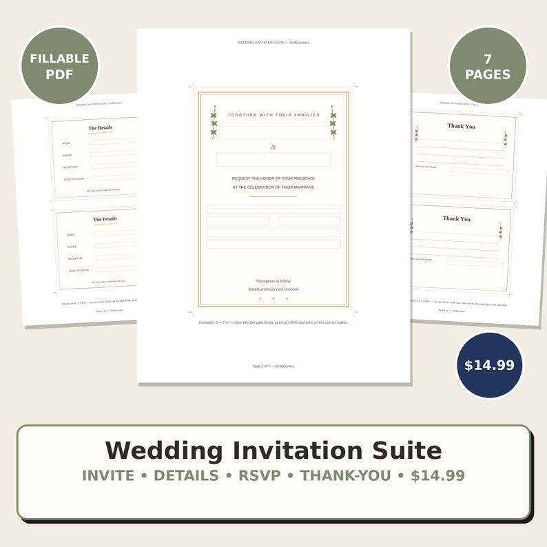 May include: A digital wedding invitation suite template featuring seven fillable PDF pages. The design includes an invitation, details card, RSVP card, and thank you card with gold-toned borders, minimalist text fields, and decorative floral accents.
