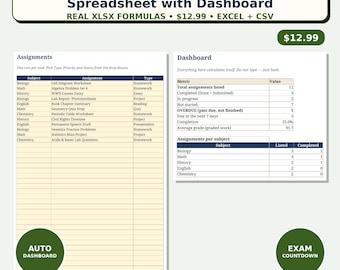 Aufgabenübersicht für Schüler (Excel-Tabelle) Hausaufgabenplaner Prüfungskalender Notenübersicht Schulorganisator