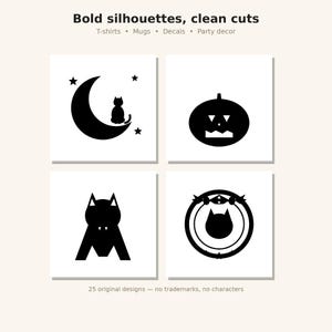 May include: A collection of four black and white graphic designs featuring a cat on a crescent moon, a jack-o'-lantern, a bat, and a circular emblem. The text reads Bold silhouettes, clean cuts, T-shirts, Mugs, Decals, Party decor, 25 original designs.