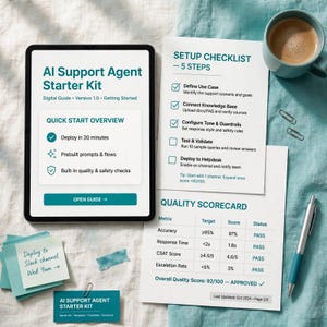 May include: A tablet displaying an AI Support Agent Starter Kit digital guide, alongside a printed setup checklist, a quality scorecard table, a sticky note with handwritten text, a small teal card, a silver pen, and a teal coffee mug.