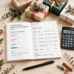 May include: An open Christmas budget planner 2024 book with a budget overview and gift list, a black calculator displaying 317.65, and a black pen. The planner lists recipients, gifts, budgets, and status, with notes on shopping and receipts.