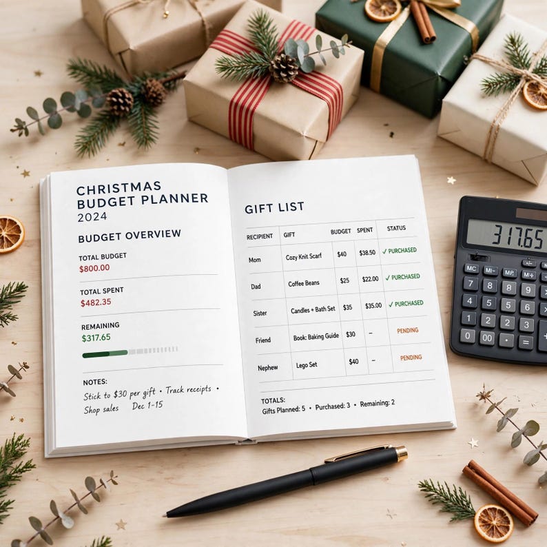May include: An open Christmas budget planner 2024 book with a budget overview and gift list, a black calculator displaying 317.65, and a black pen. The planner lists recipients, gifts, budgets, and status, with notes on shopping and receipts.