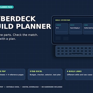 May include: A digital planner pack titled Cyberdeck Build Planner on a dark blue grid background. It includes a system map graphic, a 15-page PDF with 10 worksheets and 4 reference pages, a 5-tab Excel file for budgeting, and 8 build links for various use cases.