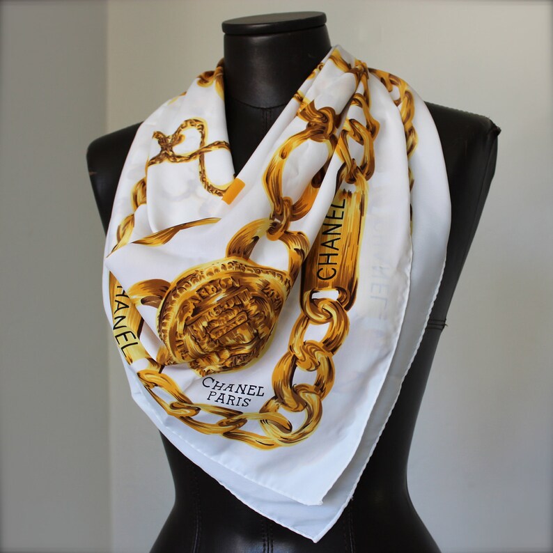 Vintage CHANEL white & gold scarf / logo / coins / chain | Etsy