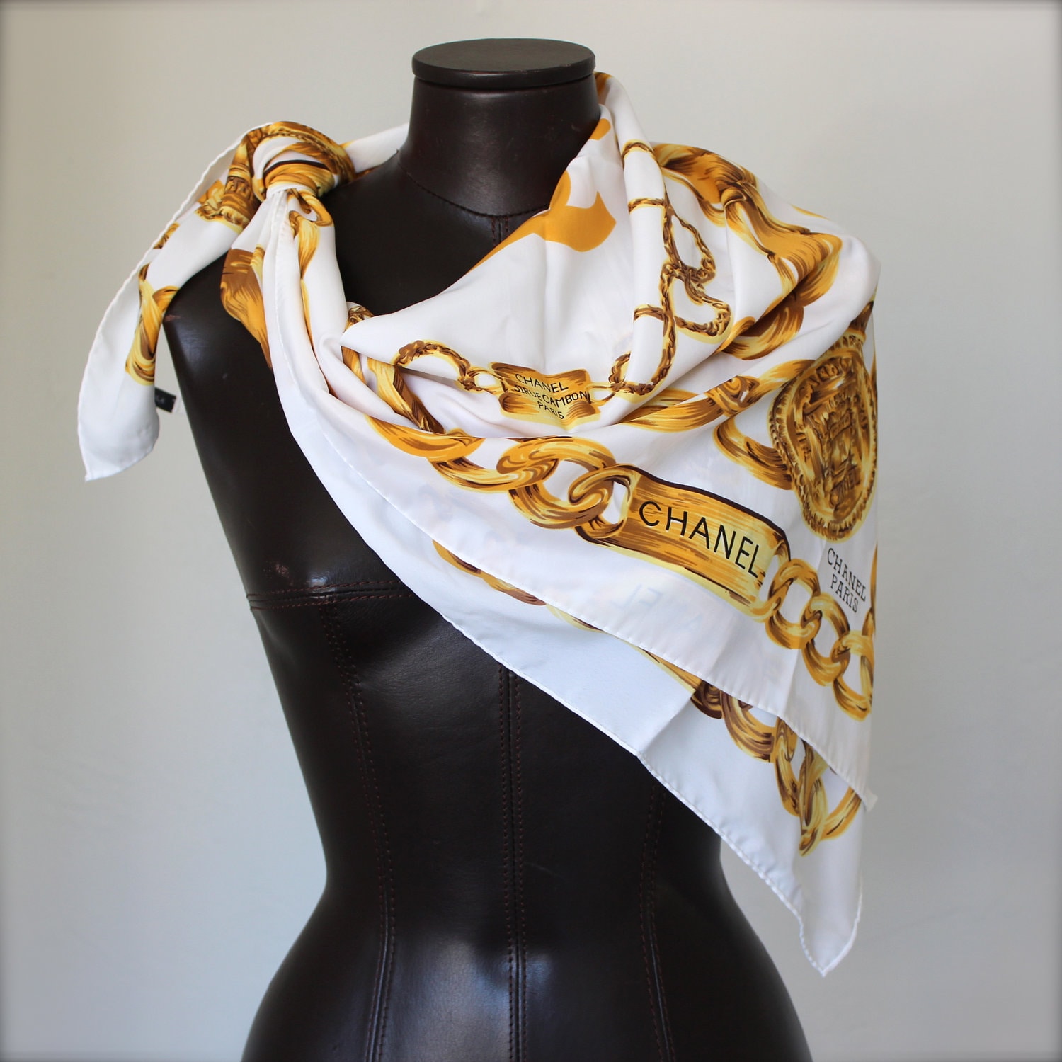 Vintage CHANEL White & Gold Scarf / Logo / Coins / Chain 