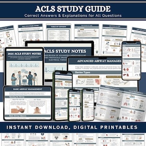May include: A collection of digital ACLS study guide documents displayed on multiple screens, including tablets, smartphones, and printed pages. The materials feature medical diagrams, text about advanced airway management, and CPR protocols.