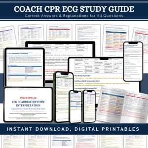 May include: A digital Coach CPR ECG study guide featuring multiple pages of cardiac rhythm interpretation, tables, and charts. The documents display text including ECG Foundations & Monitoring, Wandering Pacemaker, and various rhythm patterns on screens and printed sheets.