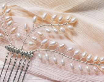Fern Asymmetric Hair Comb, Bridal Haircomb, Bridal Headpiece, Pearl Haircomb, Pearl Hair Accessories, Silver, Gold, Rose Gold.