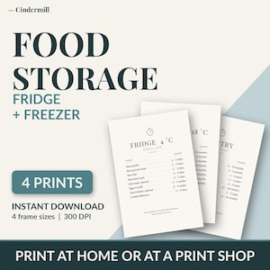 May include: A set of four digital food storage charts for the fridge, freezer, and pantry. The white prints feature dark text listing shelf life guidelines for various food items, including headers like FRIDGE 4 C and PANTRY, with 300 DPI resolution.