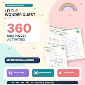 Könnte beinhalten: Ein digitales Aktivitätsset mit dem Titel Little Wonder Quest mit 360 Kinder-Rätselaktivitäten und 360 passenden Antworten. Die Anzeige enthält drei Beispiel-Arbeitsblätter, 13 Rätseltypen, 30 Themenwelten und 4 Dateiformate in PDF, SVG, PNG und JPG.