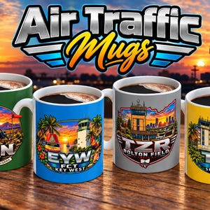 May include: Four ceramic mugs featuring colorful aviation-themed graphics and airport codes. The green mug shows RYN, the blue mug shows EYW, the gray mug shows TZR, and the yellow mug shows TIX. The text Air Traffic Mugs is displayed above the mugs.