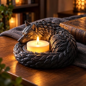 Pode incluir: Um suporte de vela esculpido em cinza-escuro com o formato de um lobo enrolado com pelo texturizado. O corpo do lobo forma uma base circular que contém uma vela de chá branca e redonda com uma chama amarela brilhante no centro.