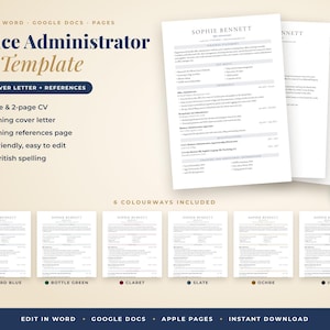 Peut inclure: Modèle de CV pour administrateur de bureau comprenant un CV, une lettre de motivation et une page de références. Le document présente une mise en page claire avec du texte noir sur papier blanc. Six coloris sont inclus : Oxford Blue, Bottle Green, Claret, Slate, Ochre et Ink. Compatible avec Word, Google Docs et Pages.