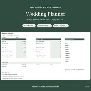 May include: A digital wedding planner template on a dark green background. The interface displays sections for money, guests, tasks, and workspace navigation. Text includes 'Wedding Planner', '11 worksheets', 'Excel + Sheets', and 'Blank + example'.