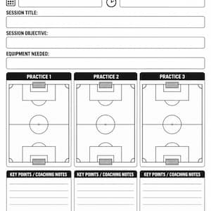 Könnte beinhalten: Ein schwarz-weißes Trainingsplanungsblatt mit dem Titel Coaching + Coffee. Es enthält Felder für Datum, Uhrzeit, Trainingstitel, Ziel und Ausrüstung. Darunter befinden sich drei Fußballfeld-Diagramme mit Abschnitten für Notizen.
