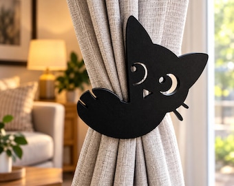 Cute Black Cat Curtain Tieback Holder – 3D Printed Cat Curtain Clip, No Drill Window Decor, Cat Lover Gift, Bedroom & Living Room Accessory