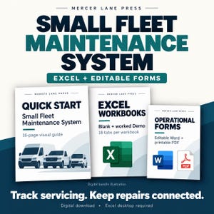 May include: A digital bundle illustration titled Small Fleet Maintenance System by Mercer Lane Press. It includes a 16-page visual guide, Excel workbooks with 18 tabs, and operational forms in Word and PDF formats for tracking vehicle servicing.