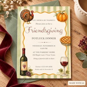 Pode incluir: Um convite para jantar de Friendsgiving com peru, abóbora, torta, garrafa de vinho e taça. O texto diz: EAT, DRINK & BE THANKFUL, Please join us for a Friendsgiving, POTLUCK DINNER, THURSDAY, NOVEMBER 26, 6:00 PM, AT THE PARKERS' HOME, 123 Maple Lane, Your Town, Bring a favorite dish to share, Emma, (555) 010-2026, Kindly reply by November 19.
