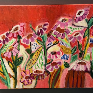 May include: An acrylic painting on canvas featuring a vibrant red background with a cluster of stylized pink and purple flowers. The artwork includes green stems, leaves, and various abstract patterns in blue, yellow, and white paint strokes.