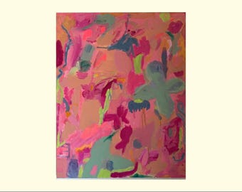 Puede incluir: Una pintura abstracta sobre lienzo que presenta una paleta de colores vibrantes de rosa intenso, melocotón suave, verde salvia apagado y magenta profundo. La composición consta de pinceladas gestuales y formas orgánicas superpuestas.