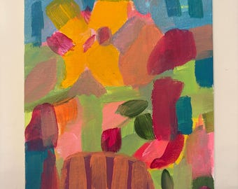 Puede incluir: Una pintura abstracta sobre lienzo con una paleta de colores vibrantes que incluye amarillo, magenta, verde, azul y marrón. La composición presenta pinceladas y formas audaces y superpuestas, destacando una forma central amarilla y rayas verticales marrones en la parte inferior.