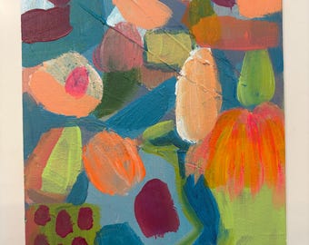 Puede incluir: Una pintura abstracta sobre lienzo que presenta una composición vibrante de pinceladas superpuestas en tonos azul verdoso, naranja, verde lima, magenta y melocotón. La obra muestra varias formas orgánicas, incluida una cuadrícula de puntos de color rojo oscuro.