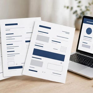 May include: Three white sheets of paper featuring a professional CV layout with dark blue and grey geometric accents, lines, and text blocks, displayed alongside an open laptop showing a matching digital document template on its screen.