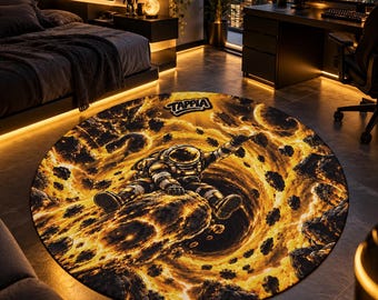GOLD RUSH - Astronaut Riding Meteor Round Rug | Space Galaxy Rug | TAPPIA