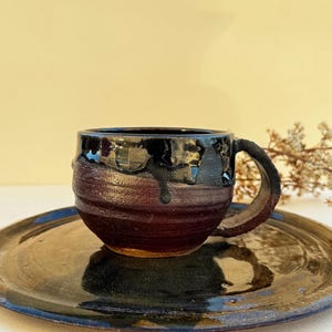 Studio Art Pottery Mug Platter Set Hand Thrown Textured Stoneware Brutalist Brown Black Glaze